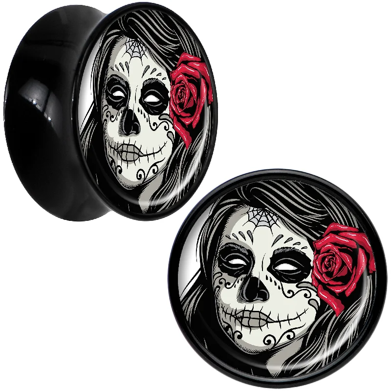 Black Acrylic Katrina Sugar Skull with Rose Flower Saddle Plug Set 9/16