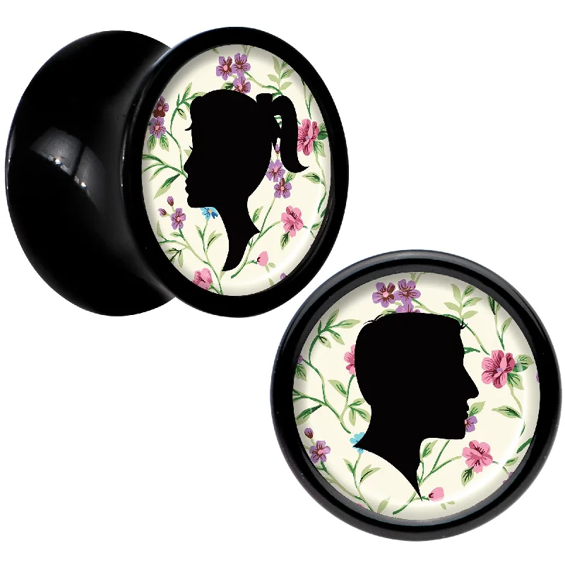 Black Acrylic Man Woman Floral Silhouette Saddle Plug Set 0 Gauge