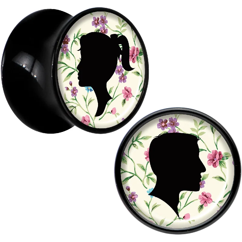 Black Acrylic Man Woman Floral Silhouette Saddle Plug Set 1/2