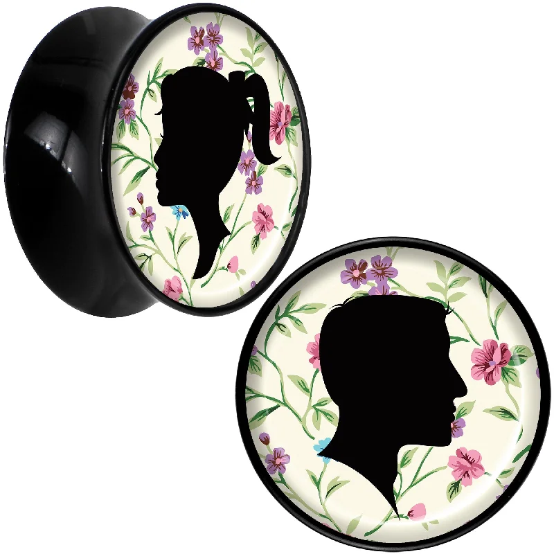 Black Acrylic Man Woman Floral Silhouette Saddle Plug Set 18mm