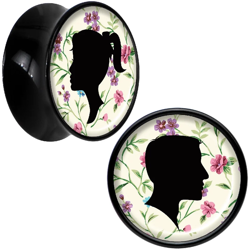 Black Acrylic Man Woman Floral Silhouette Saddle Plug Set 9/16