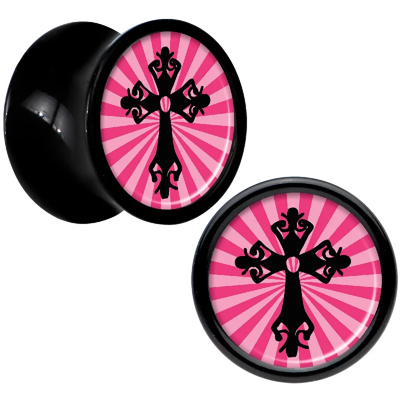 Black Acrylic Pink Black Radiant Cross Saddle Plug Set 0 Gauge