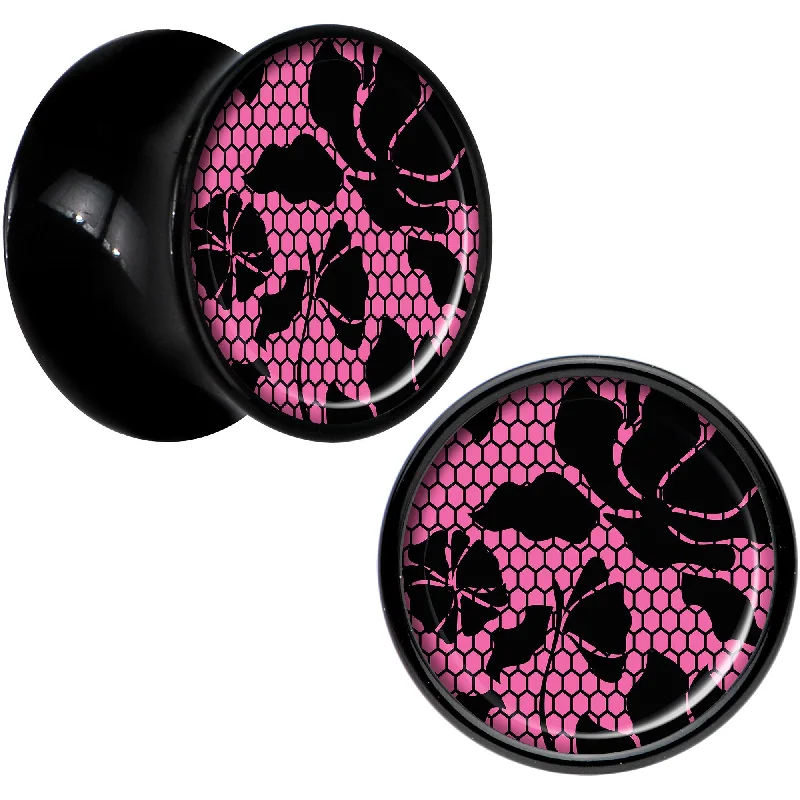 Black Acrylic Pink Floral Lace Saddle Plug Set 1/2