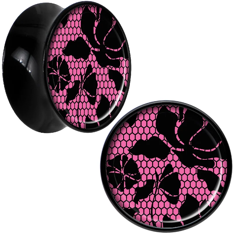 Black Acrylic Pink Floral Lace Saddle Plug Set 5/8