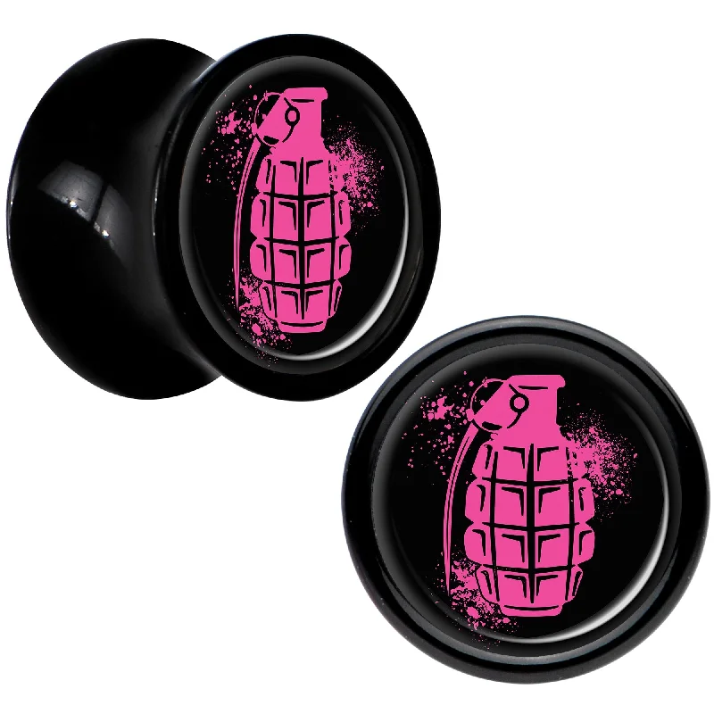 Black Acrylic Pink Grenade Saddle Plug Set 0 Gauge