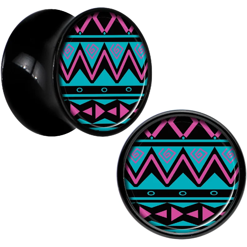 Black Acrylic Pink Teal Tribal Print Saddle Plug Set 1/2