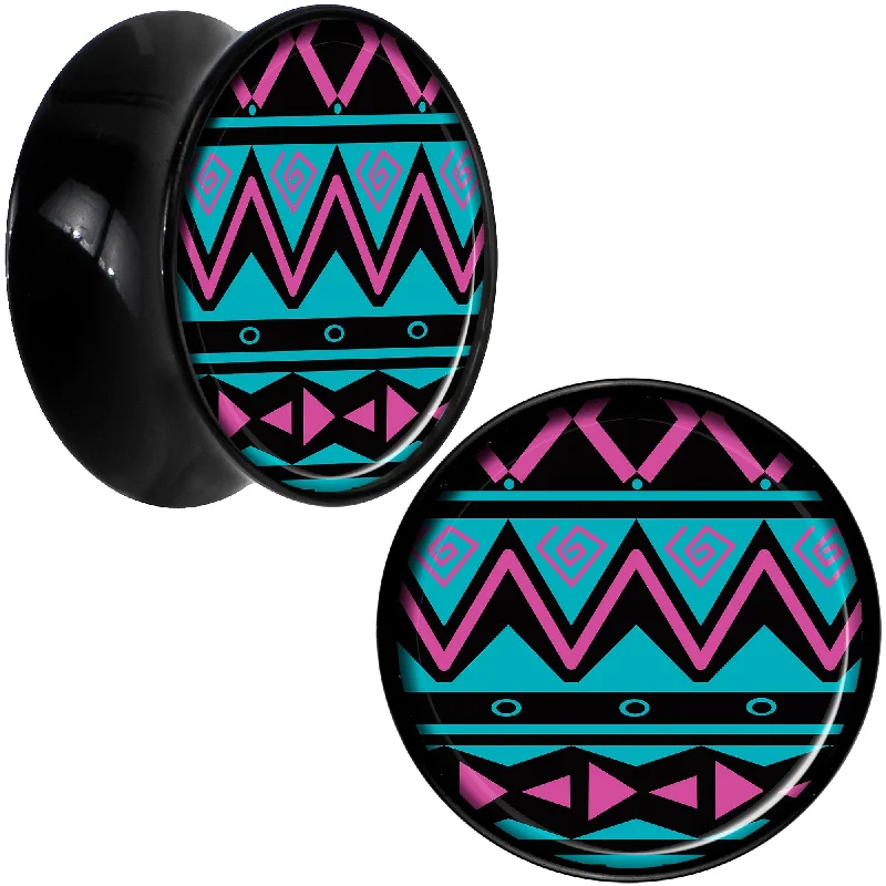 Black Acrylic Pink Teal Tribal Print Saddle Plug Set 18mm