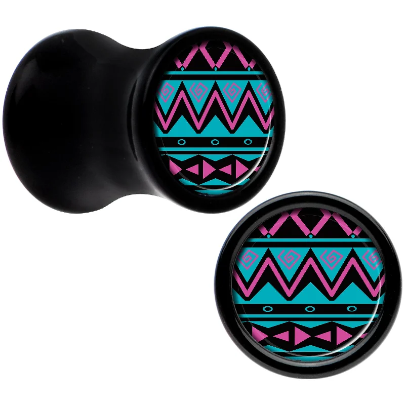 Black Acrylic Pink Teal Tribal Print Saddle Plug Set 2 Gauge