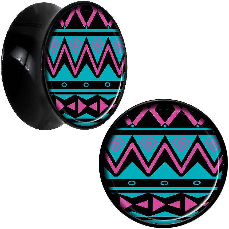 Black Acrylic Pink Teal Tribal Print Saddle Plug Set 20mm