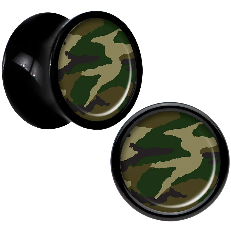 Black Acrylic Woodland Camo Print Saddle Plug Set 0 Gauge