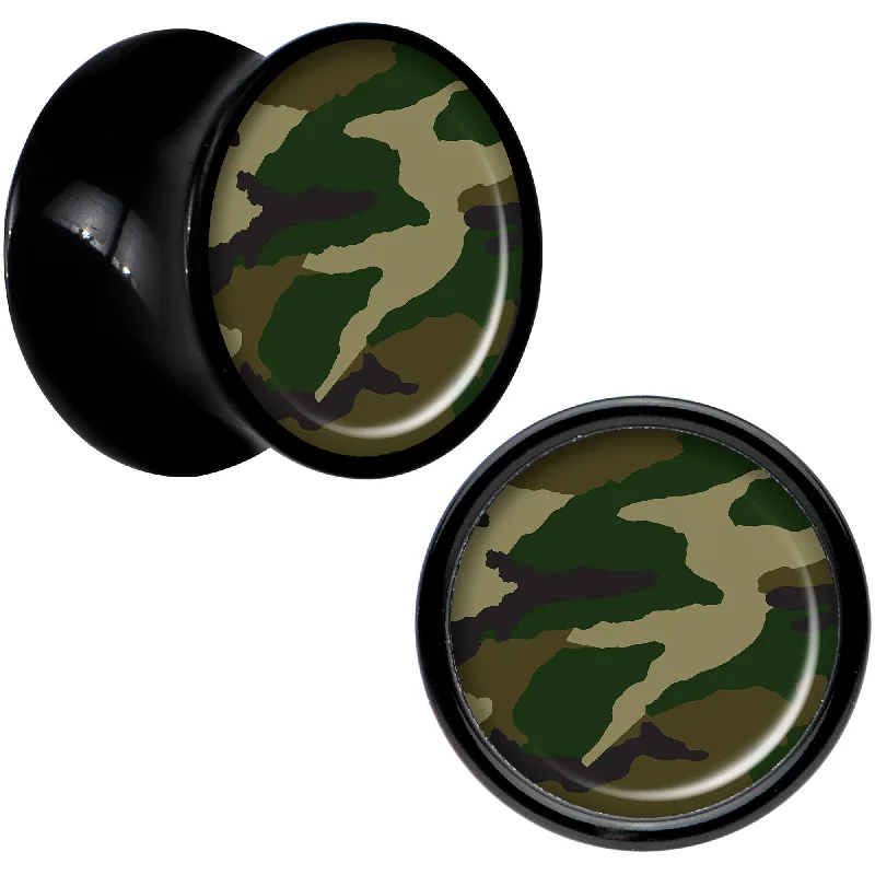 Black Acrylic Woodland Camo Print Saddle Plug Set 00 Gauge