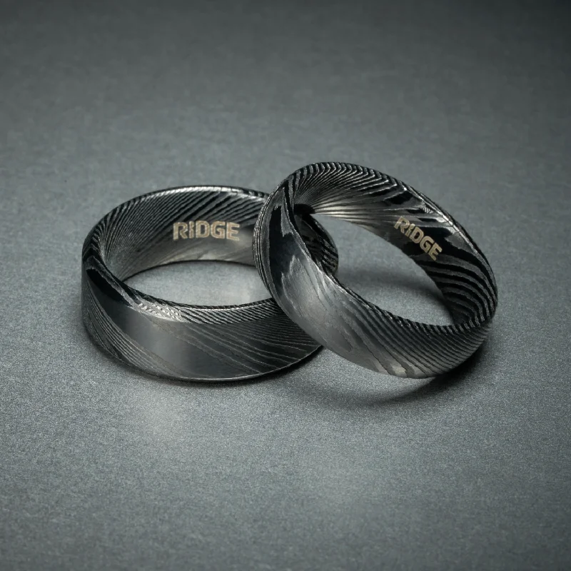 Ridge 8mm Beveled Ring Set - Black Damascus