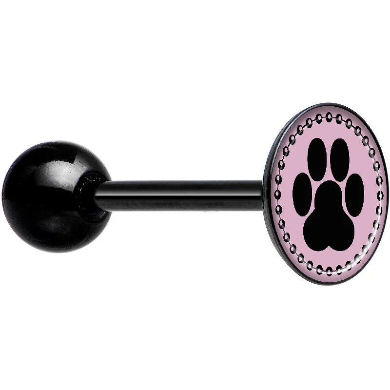 Black on Pink Paw Print Black Barbell Tongue Ring