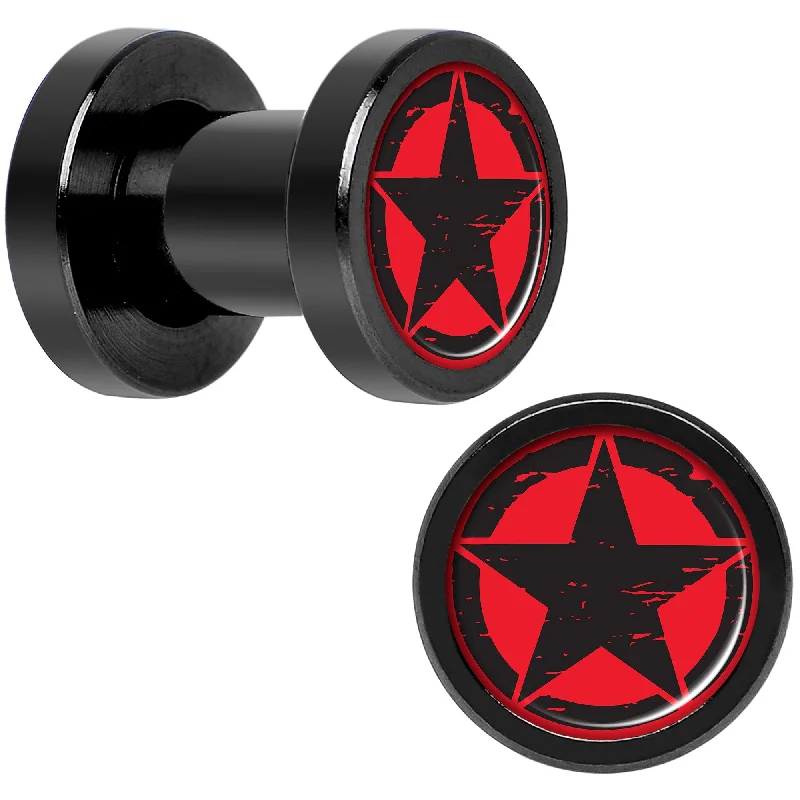 Black Red Distressed Star Black Anodized Screw Fit Plug Set 4 Gauge