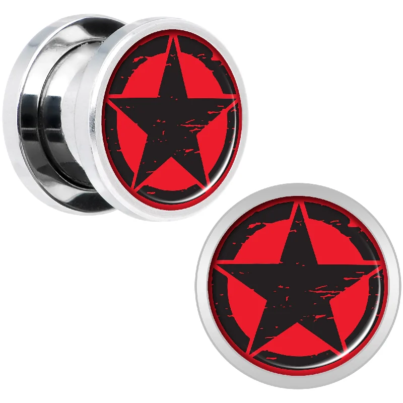 Black Red Distressed Star Steel Screw Fit Plug Set 00 Gauge