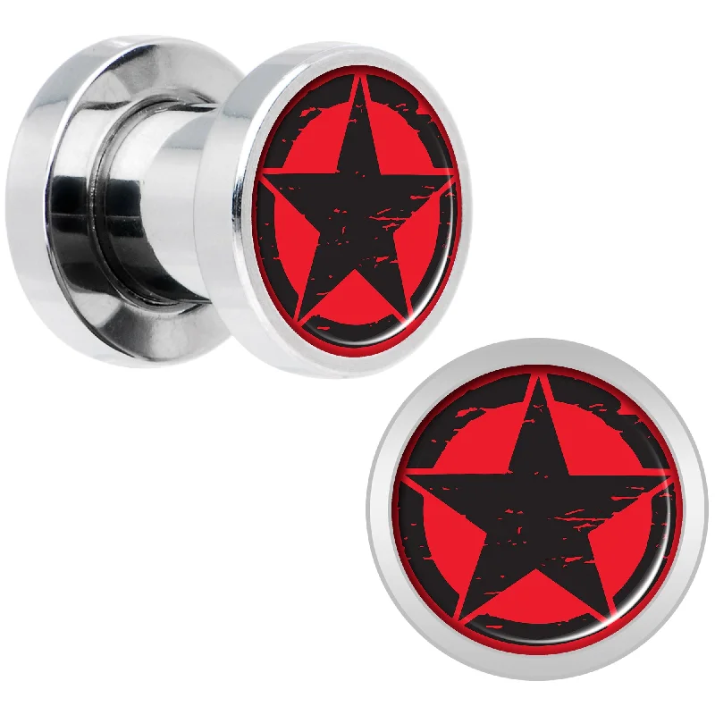 Black Red Distressed Star Steel Screw Fit Plug Set 2 Gauge