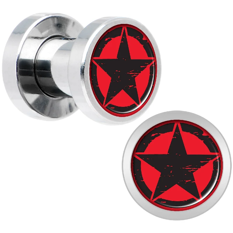 Black Red Distressed Star Steel Screw Fit Plug Set 4 Gauge