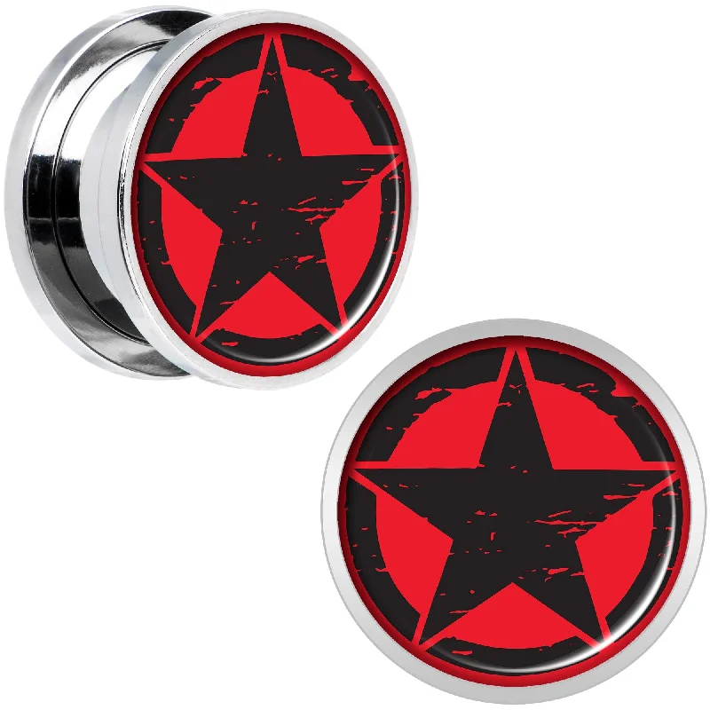 Black Red Distressed Star Steel Screw Fit Plug Set 5/8