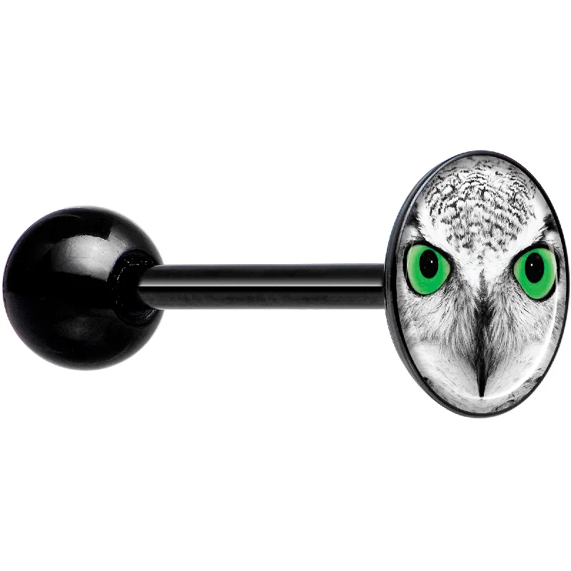 Black White Owl Black Barbell Tongue Ring