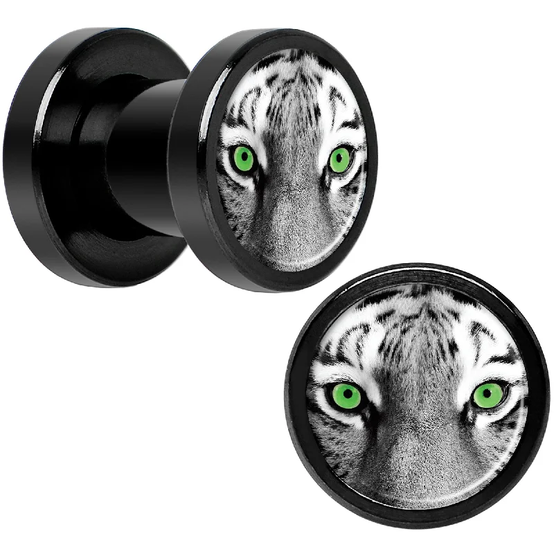 Black White Tiger Eyes Black Anodized Screw Fit Plug Set 2 Gauge