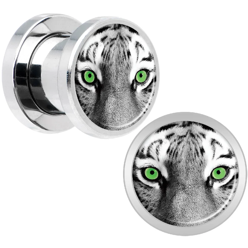 Black White Tiger Eyes Steel Screw Fit Plug Set 0 Gauge