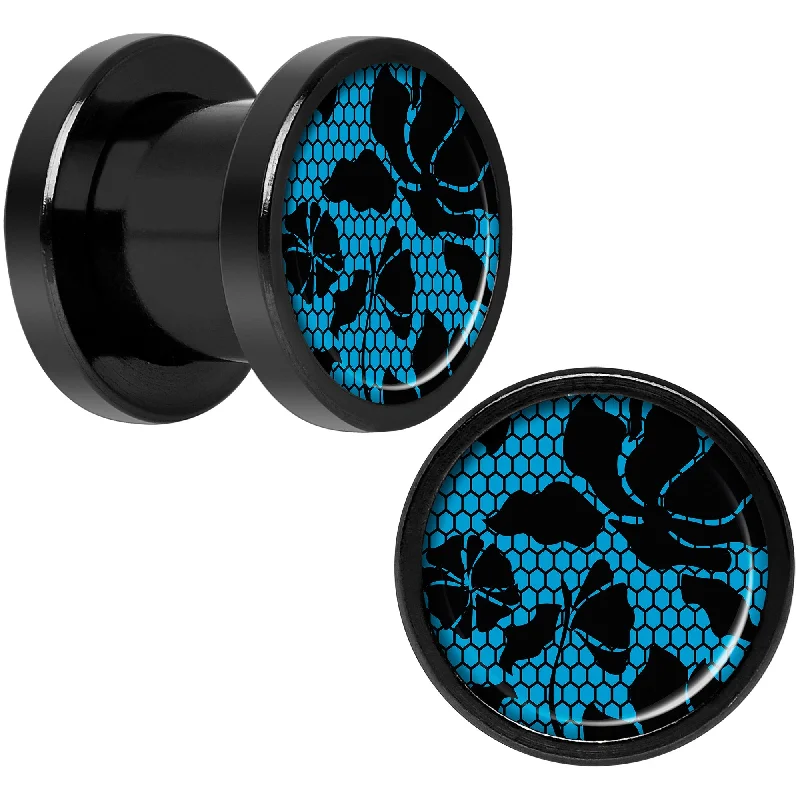 Blue Floral Lace Black Anodized Screw Fit Plug Set 0 Gauge