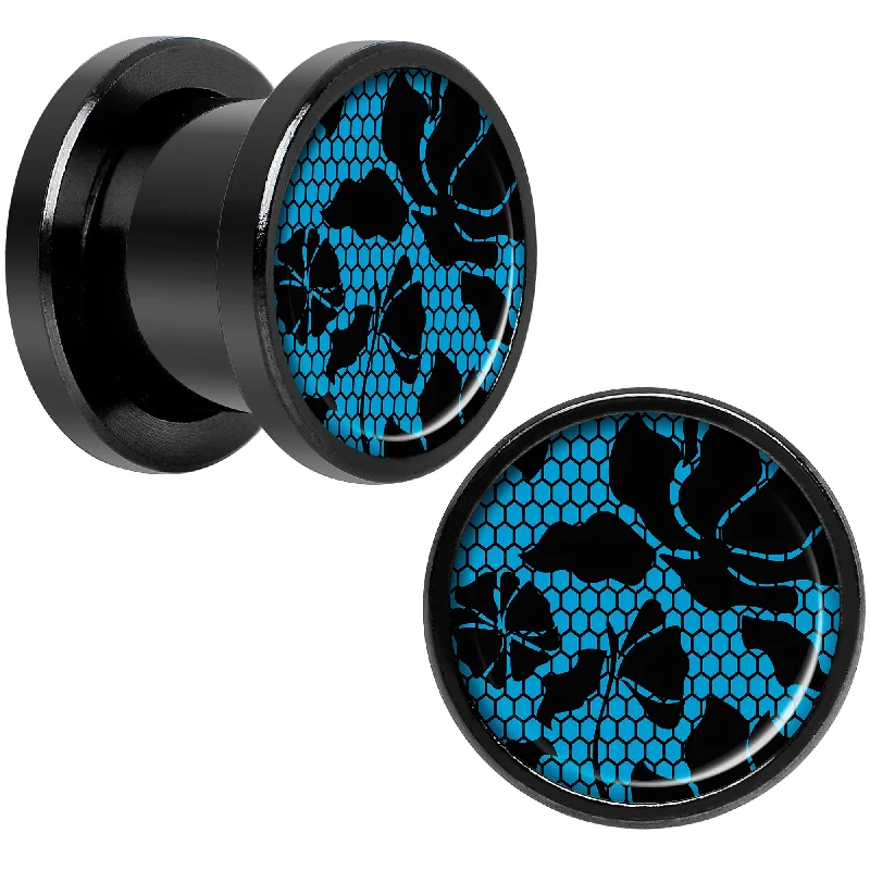 Blue Floral Lace Black Anodized Screw Fit Plug Set 00 Gauge