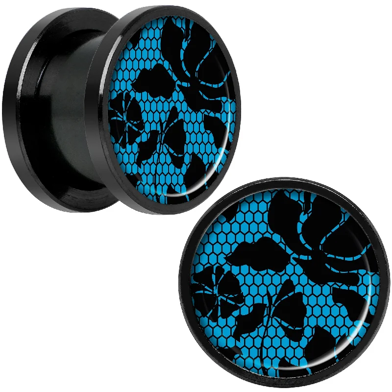 Blue Floral Lace Black Anodized Screw Fit Plug Set 1/2