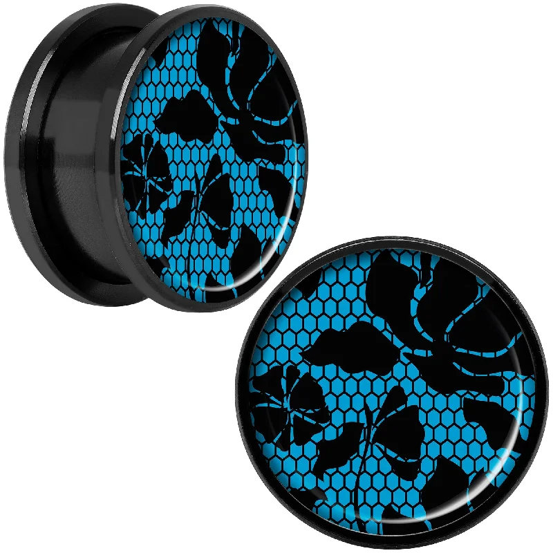 Blue Floral Lace Black Anodized Screw Fit Plug Set 18mm