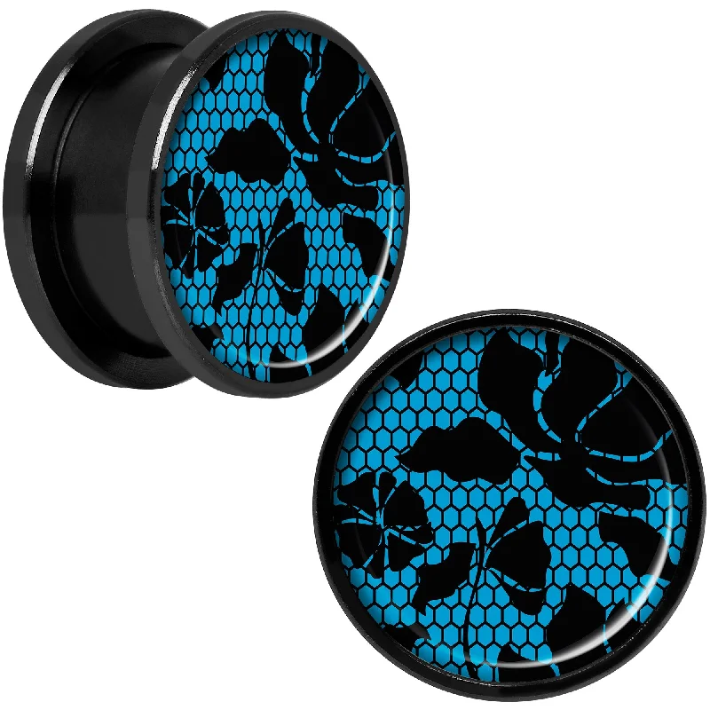 Blue Floral Lace Black Anodized Screw Fit Plug Set 5/8