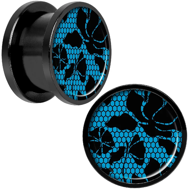 Blue Floral Lace Black Anodized Screw Fit Plug Set 9/16