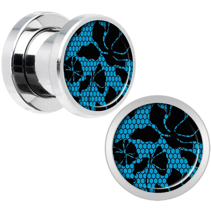 Blue Floral Lace Steel Screw Fit Plug Set 0 Gauge