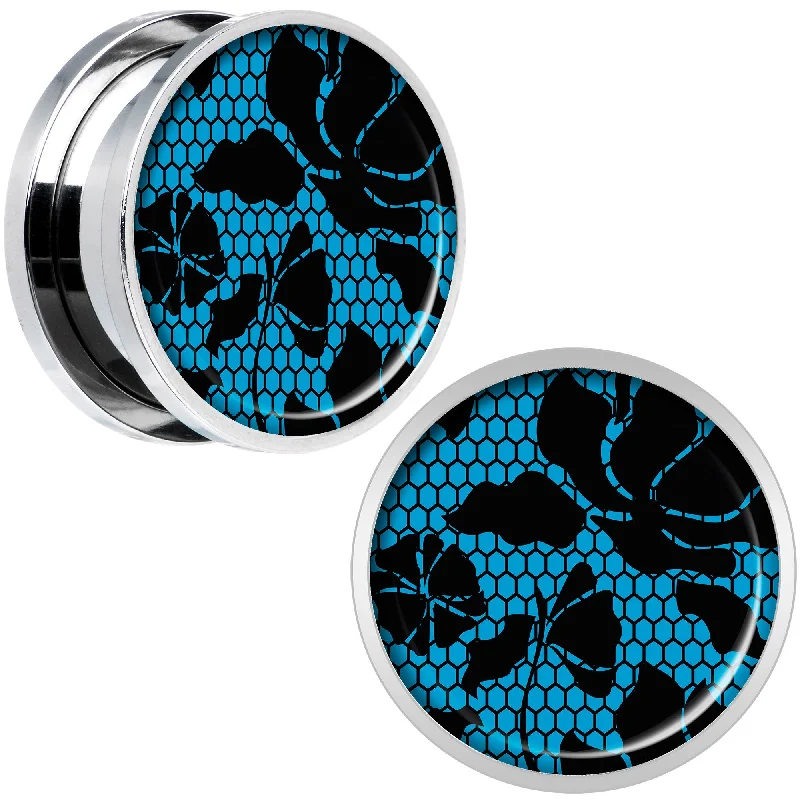 Blue Floral Lace Steel Screw Fit Plug Set 18mm