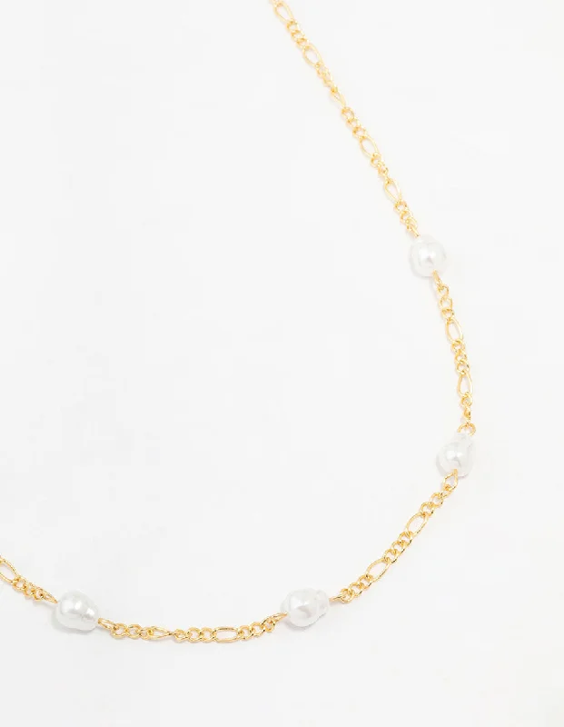 Gold Plated Figaro Pearl Station Necklace