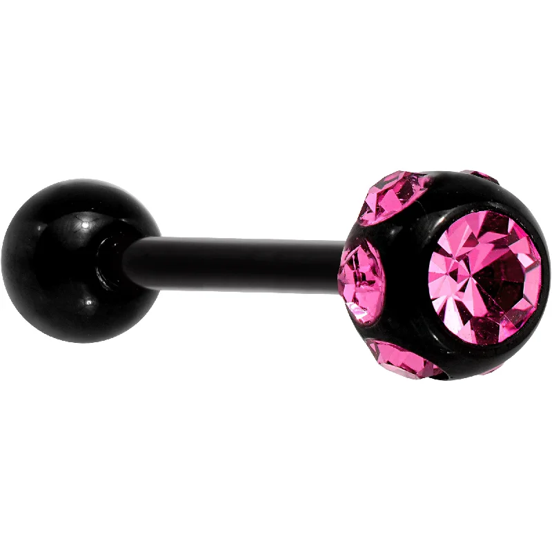 Pink CZ Gem Studded Black Barbell Tongue Ring