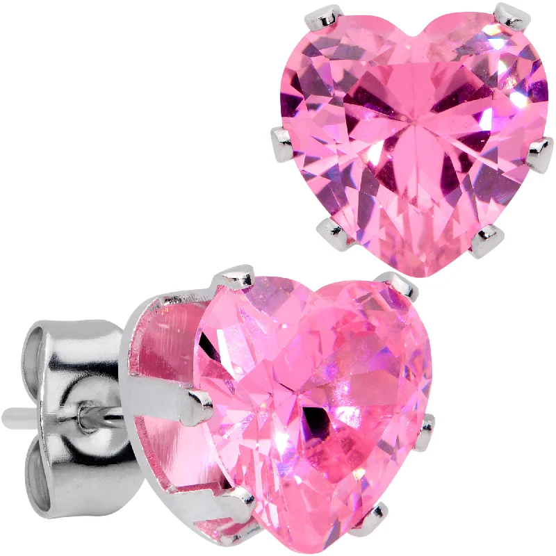 Pink Gem Valentine Heart Steel Post Stud Earrings