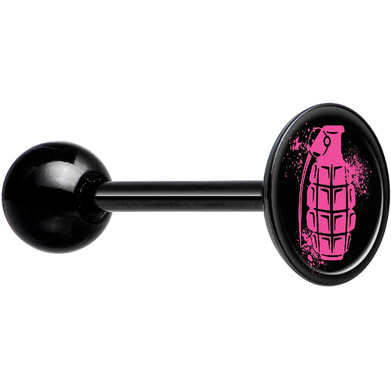 Pink Grenade Black Barbell Tongue Ring