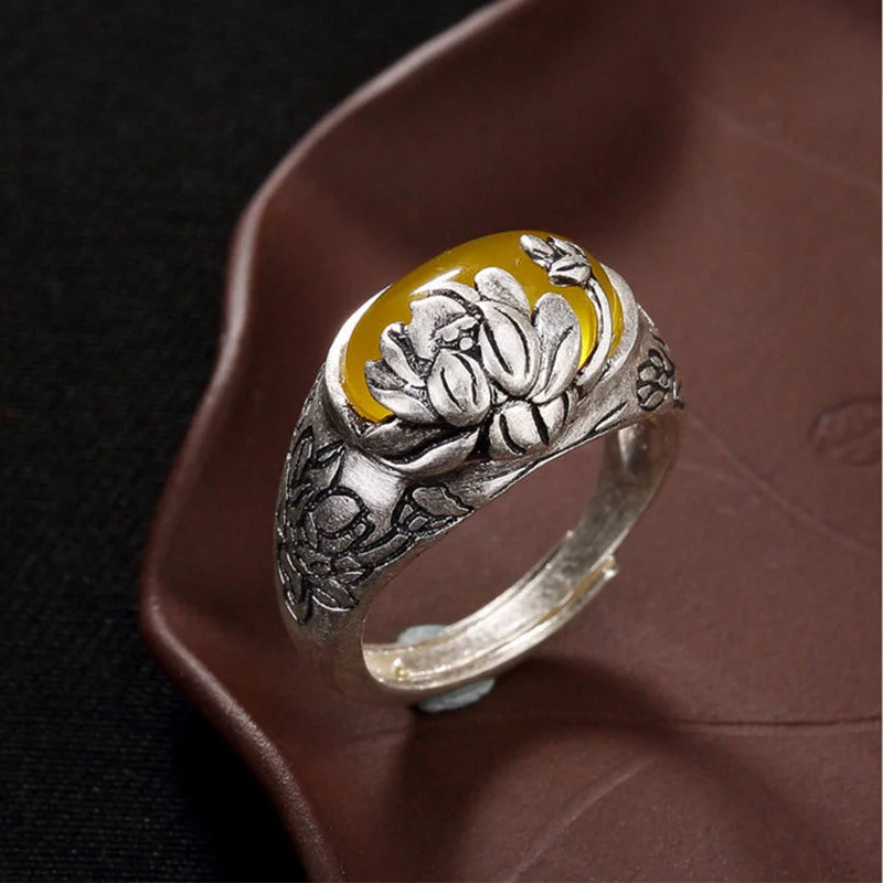 Buddha Stones Silver Citrine Lotus Blessing Protection Adjustable Ring