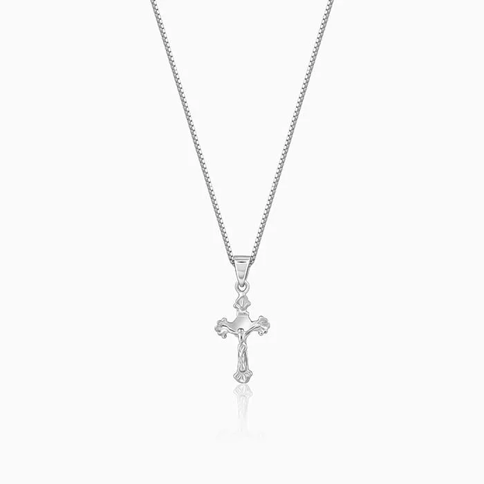 Silver Striped Cross Pendant with Box Chain For Him