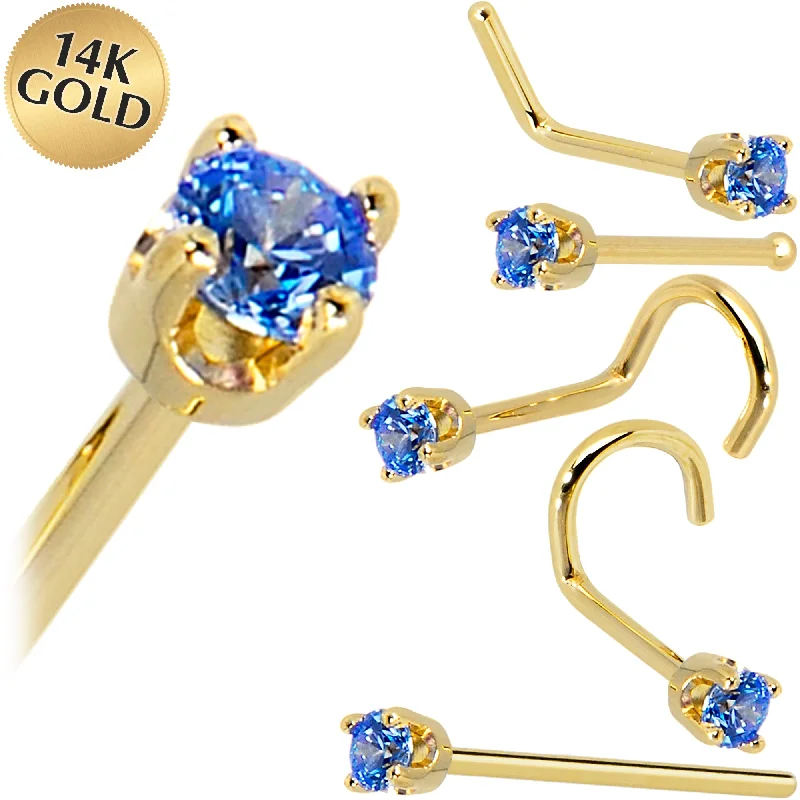 Solid 14KT Yellow Gold 2mm Arctic Blue Cubic Zirconia Nose Ring