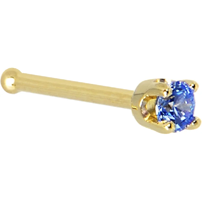 Solid 14KT Yellow Gold 2mm Arctic Blue Cubic Zirconia Nose Ring