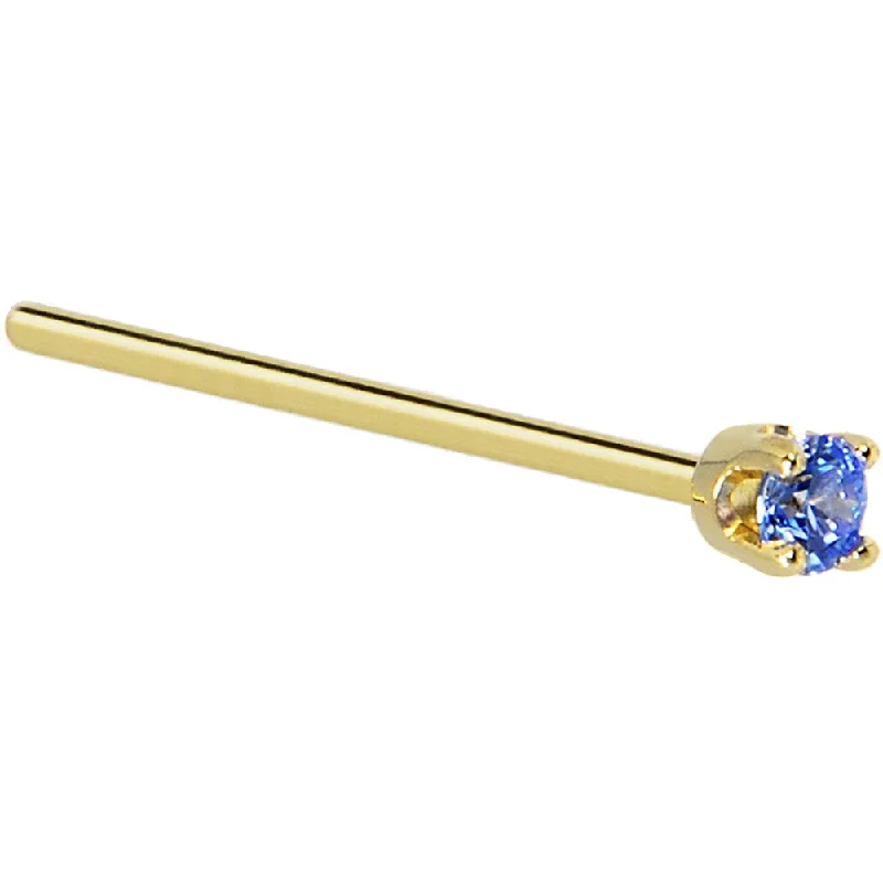 Solid 14KT Yellow Gold 2mm Arctic Blue Cubic Zirconia Nose Ring