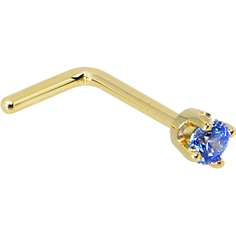 Solid 14KT Yellow Gold 2mm Arctic Blue Cubic Zirconia Nose Ring