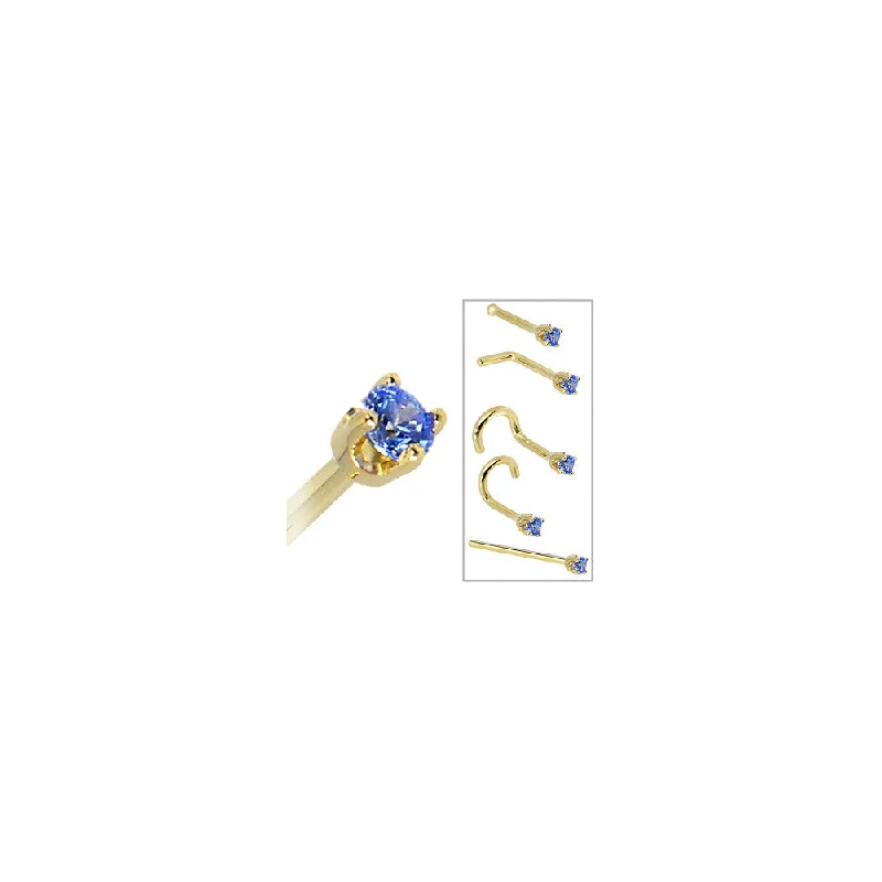 Solid 14KT Yellow Gold 2mm Arctic Blue Cubic Zirconia Nose Ring