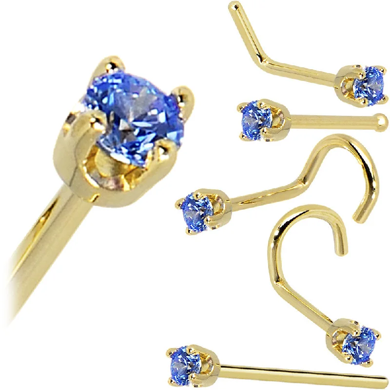 Solid 14KT Yellow Gold 2mm Arctic Blue Cubic Zirconia Nose Ring