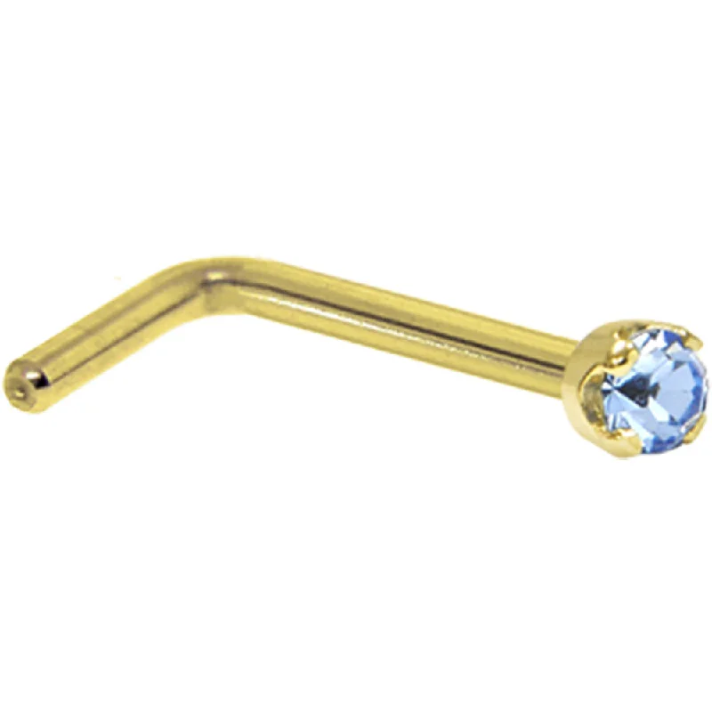 Solid 14KT Yellow Gold 2mm Light Blue Cubic Zirconia Nose Ring