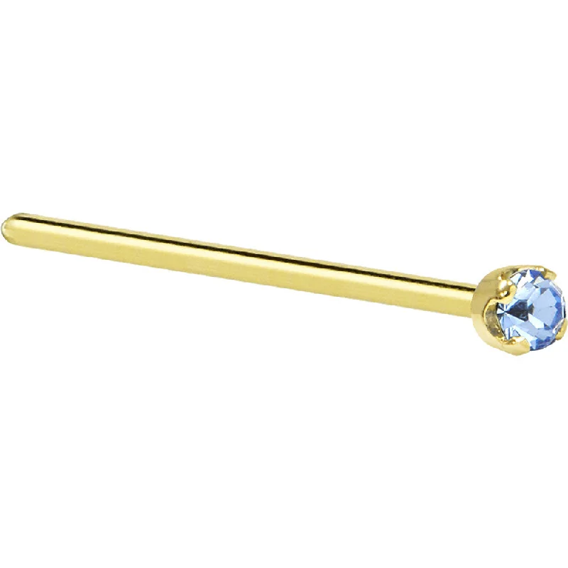 Solid 14KT Yellow Gold 2mm Light Blue Cubic Zirconia Nose Ring