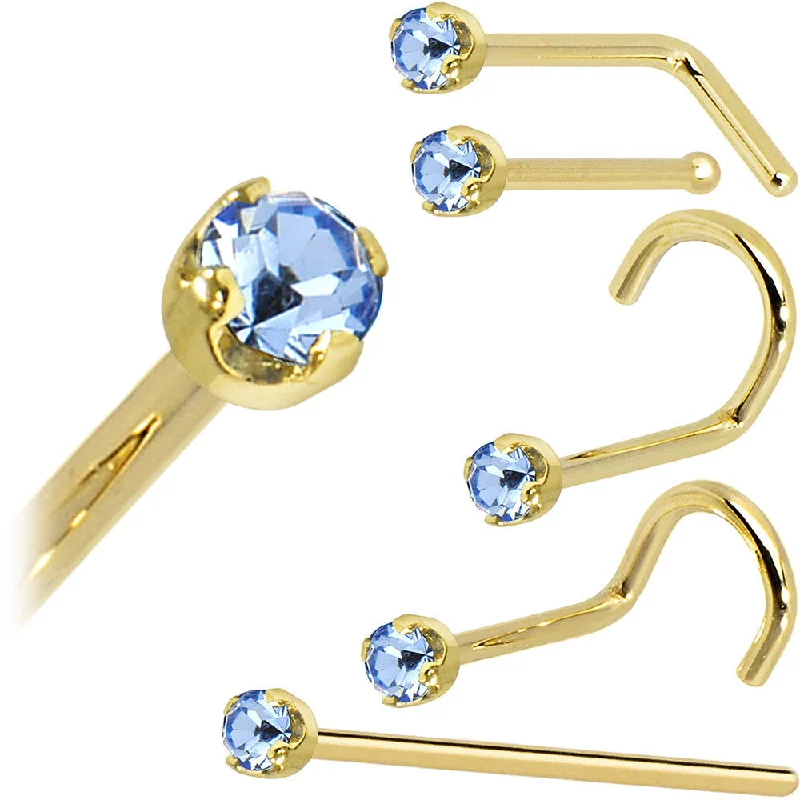 Solid 14KT Yellow Gold 2mm Light Blue Cubic Zirconia Nose Ring