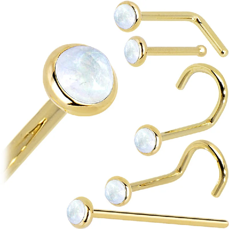 Solid 14KT Yellow Gold 2mm Rainbow Moonstone Nose Ring