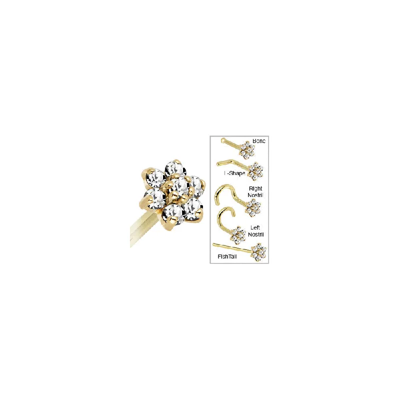 Solid 14KT Yellow Gold Clear Cubic Zirconia Flower Nose Ring